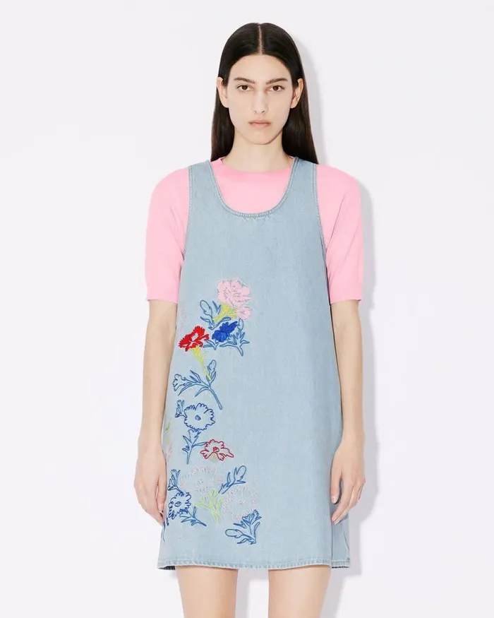 Kenzo Dresses And Skirts Women Drawn Flowers039 Sleeveless Embroidered Dress Stone Bleached Blue Denim