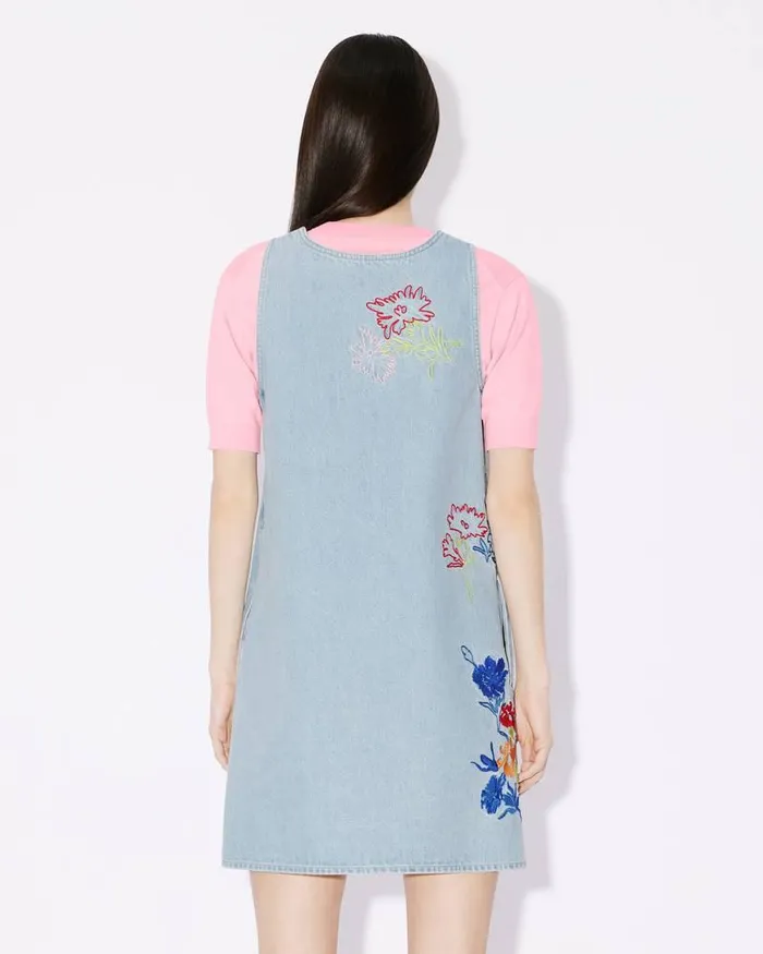 Kenzo Dresses And Skirts Women Drawn Flowers039 Sleeveless Embroidered Dress Stone Bleached Blue Denim