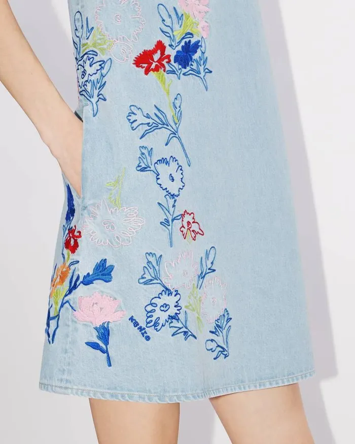 Kenzo Dresses And Skirts Women Drawn Flowers039 Sleeveless Embroidered Dress Stone Bleached Blue Denim