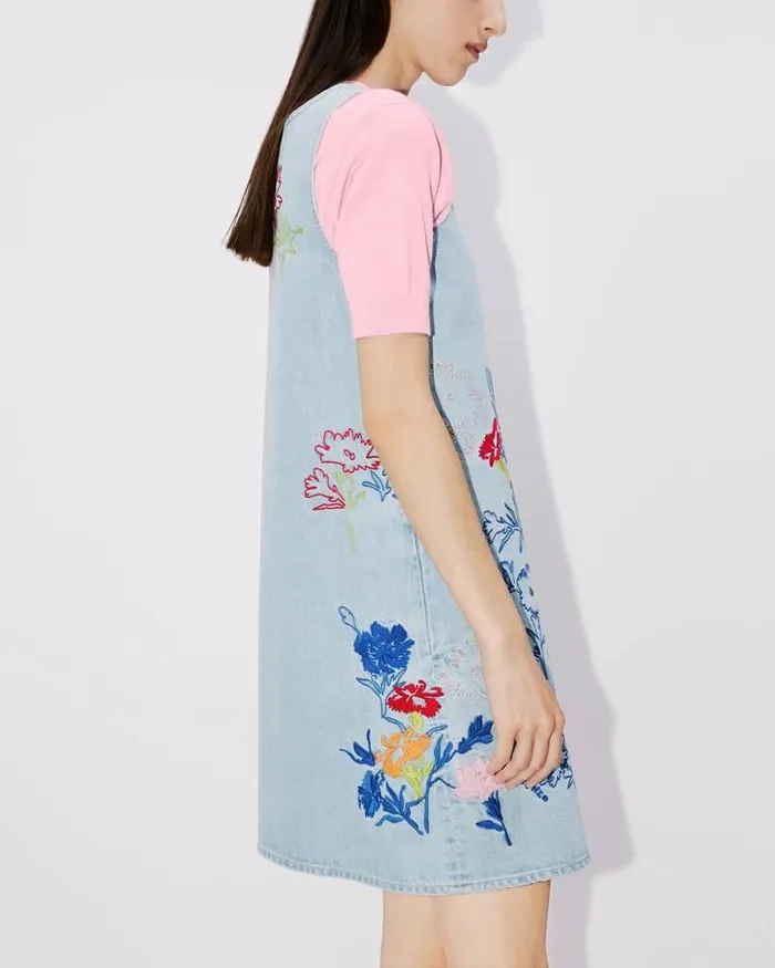 Kenzo Dresses And Skirts Women Drawn Flowers039 Sleeveless Embroidered Dress Stone Bleached Blue Denim