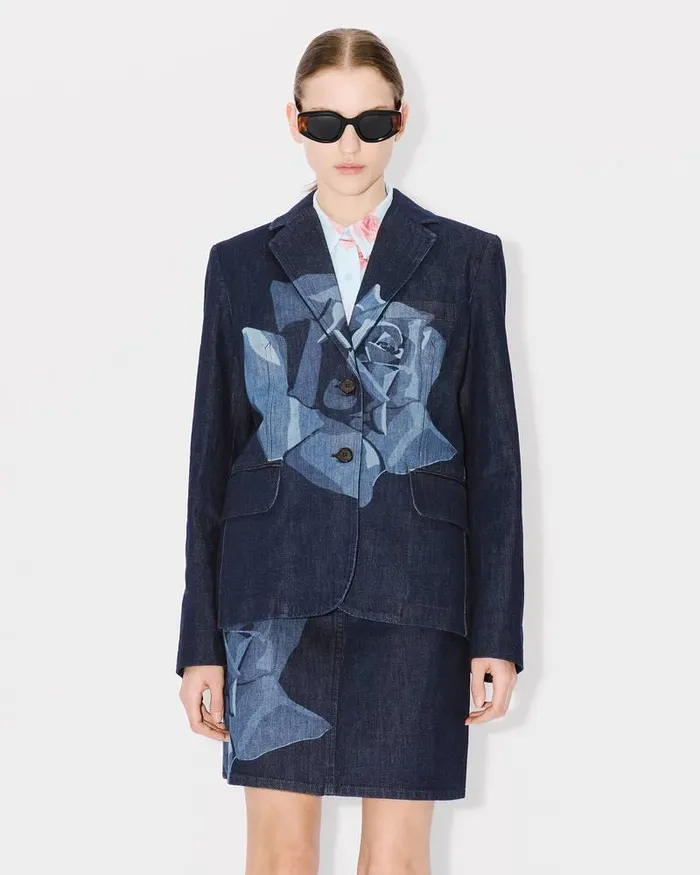 Kenzo Jackets And Coats Women Rose039 Embroidered Denim Talored Jacket Rinse Blue Denim
