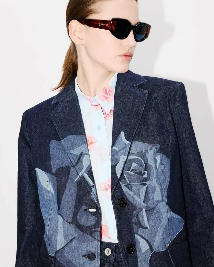 Kenzo Jackets And Coats Women Rose039 Embroidered Denim Talored Jacket Rinse Blue Denim