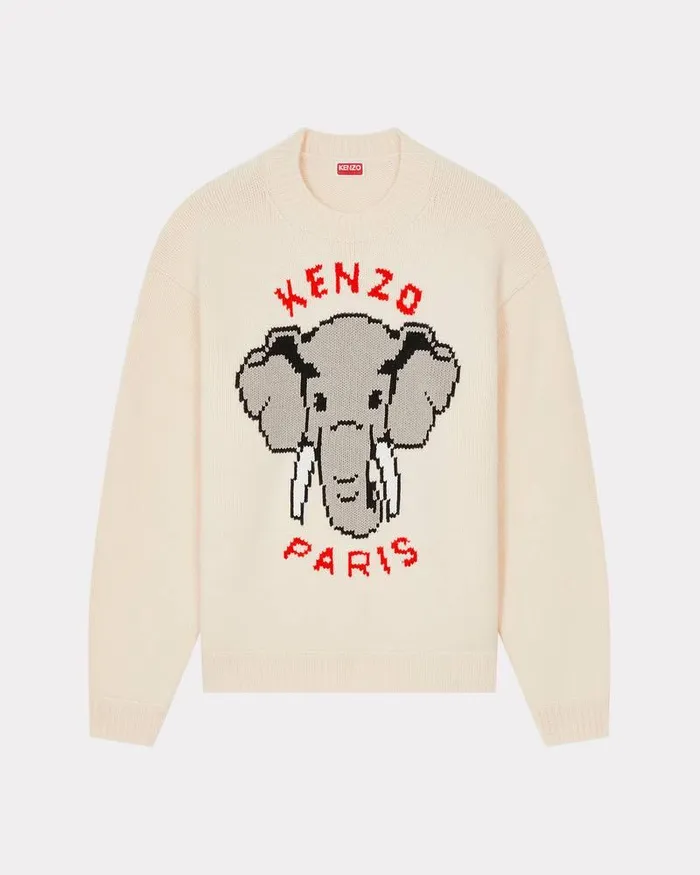 Kenzo Knitwear Men Elephant039 Embroidered Jumper Off White