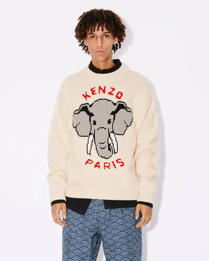 Kenzo Knitwear Men Elephant039 Embroidered Jumper Off White