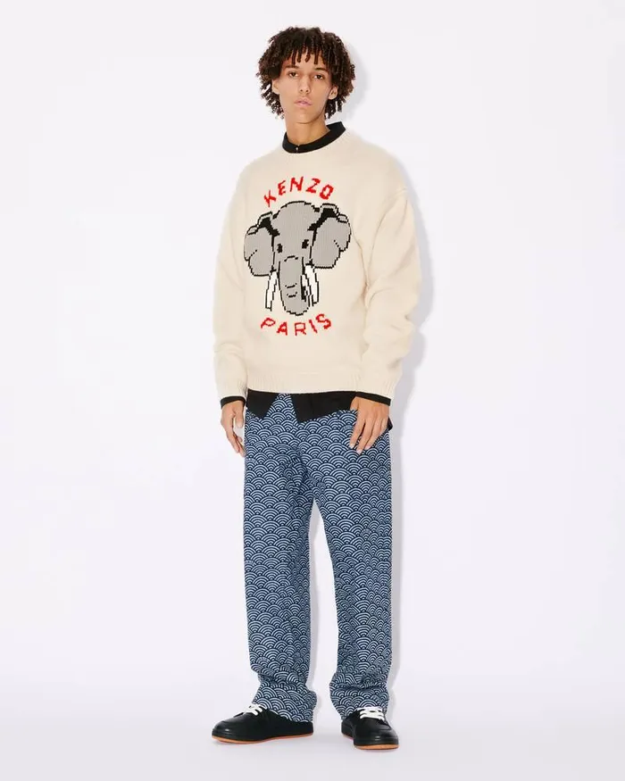 Kenzo Knitwear Men Elephant039 Embroidered Jumper Off White
