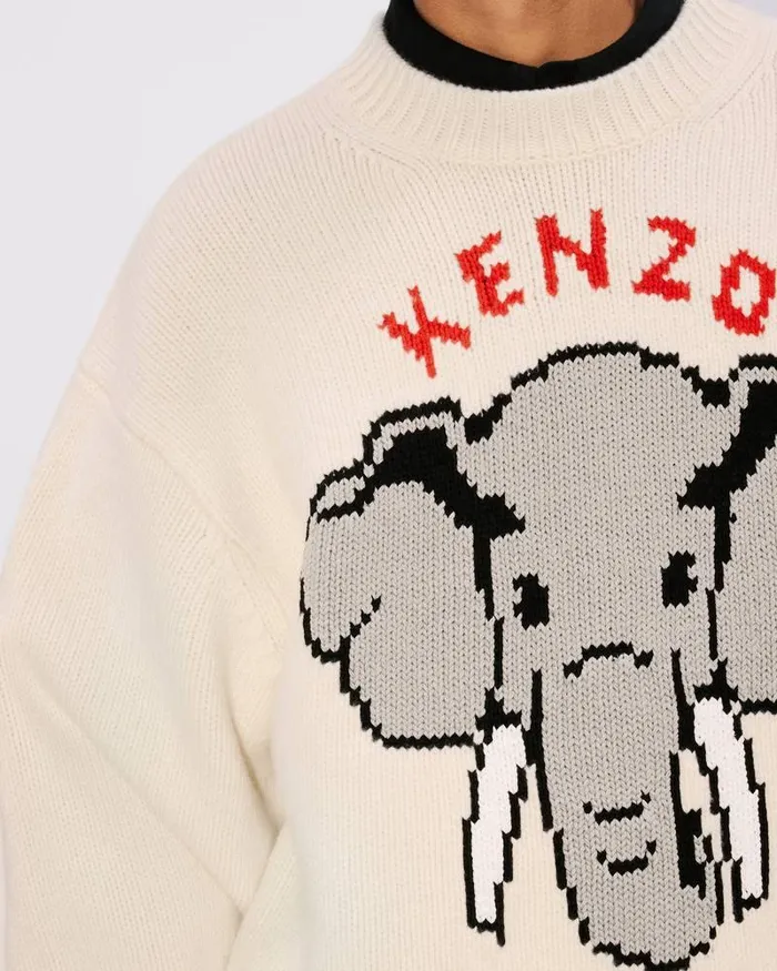 Kenzo Knitwear Men Elephant039 Embroidered Jumper Off White