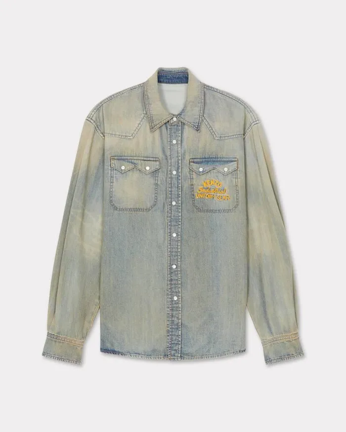 Kenzo Shirts Men Drawn Varsity039 Denim Western Shirt Stone Bl Dirty Blue Denim