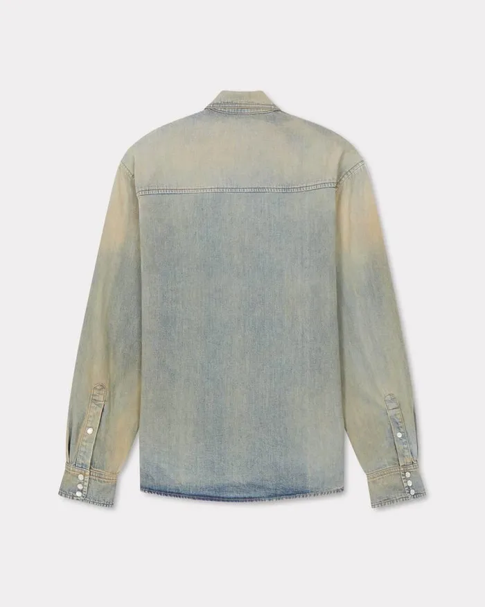 Kenzo Shirts Men Drawn Varsity039 Denim Western Shirt Stone Bl Dirty Blue Denim