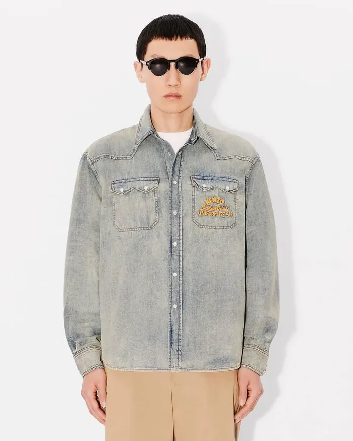 Kenzo Shirts Men Drawn Varsity039 Denim Western Shirt Stone Bl Dirty Blue Denim