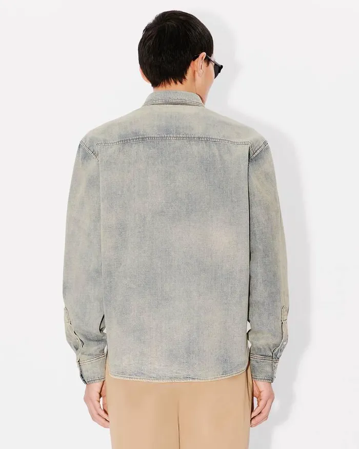 Kenzo Shirts Men Drawn Varsity039 Denim Western Shirt Stone Bl Dirty Blue Denim