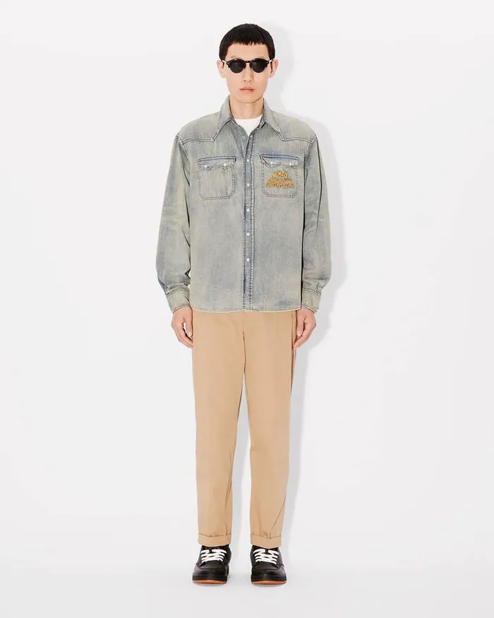 Kenzo Shirts Men Drawn Varsity039 Denim Western Shirt Stone Bl Dirty Blue Denim