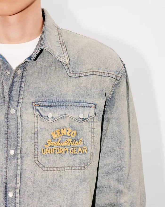 Kenzo Shirts Men Drawn Varsity039 Denim Western Shirt Stone Bl Dirty Blue Denim