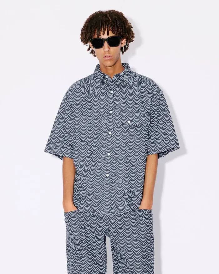 Kenzo Shirts Men Seigaiha039 Denim Shirt Rinse Blue Denim