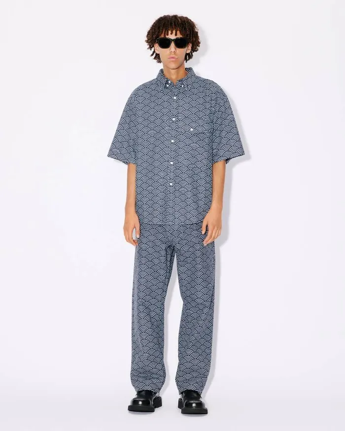 Kenzo Shirts Men Seigaiha039 Denim Shirt Rinse Blue Denim