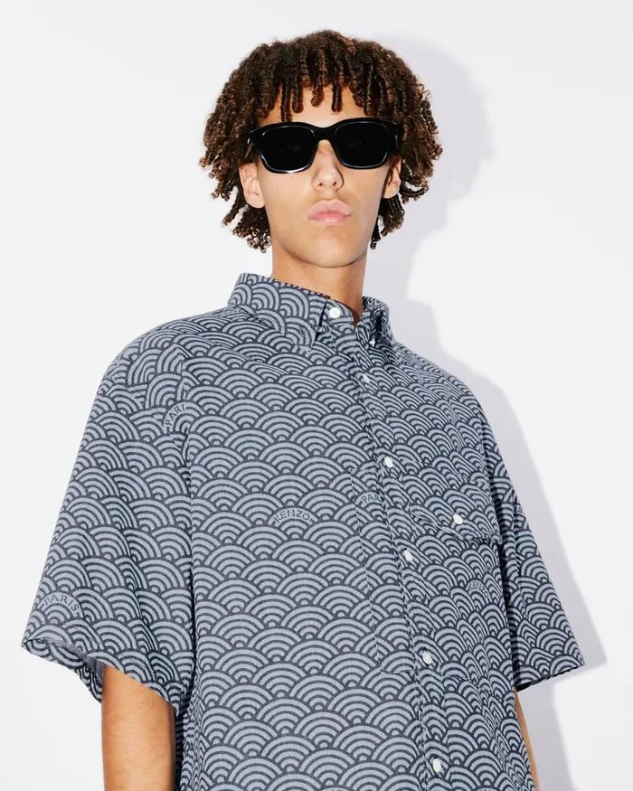 Kenzo Shirts Men Seigaiha039 Denim Shirt Rinse Blue Denim