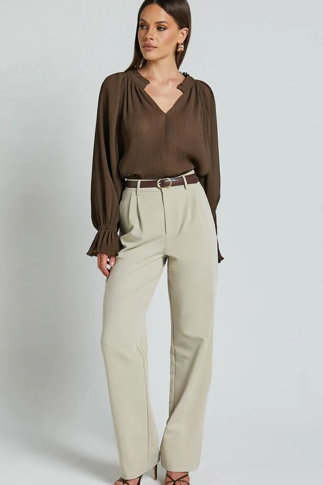 Kerray Top 8211 V Neck Long Sleeve Pleated Top In Mocha Women Showpo Curve Clothes