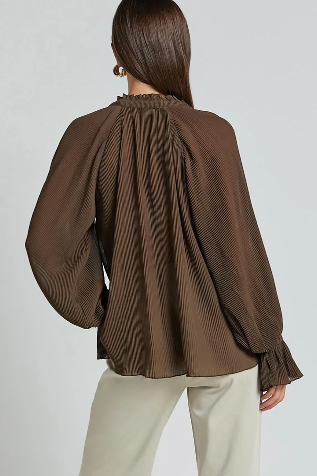 Kerray Top 8211 V Neck Long Sleeve Pleated Top In Mocha Women Showpo Curve Clothes