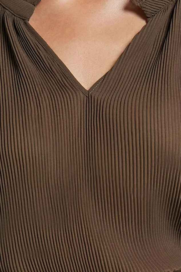 Kerray Top 8211 V Neck Long Sleeve Pleated Top In Mocha Women Showpo Curve Clothes