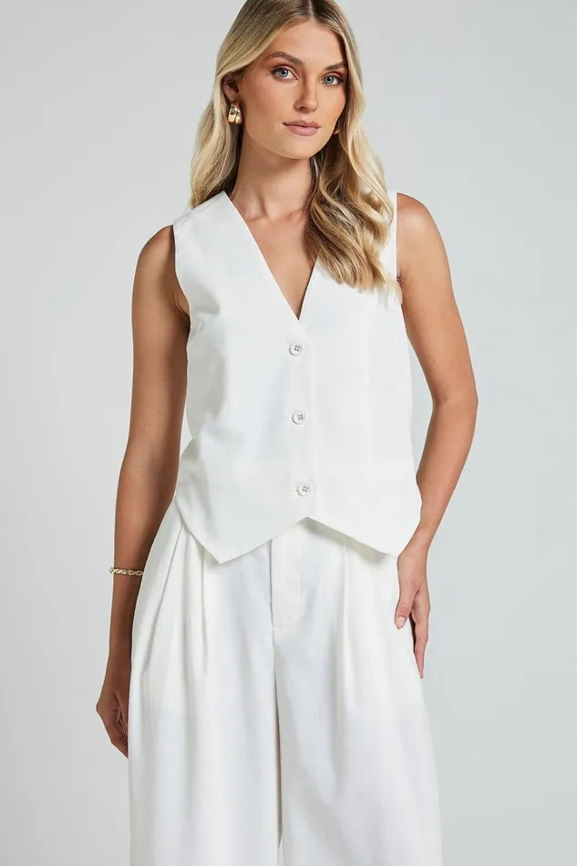 Kiraye Top 8211 Linen Look Button Through Vest In Off White Women Showpo Conscious