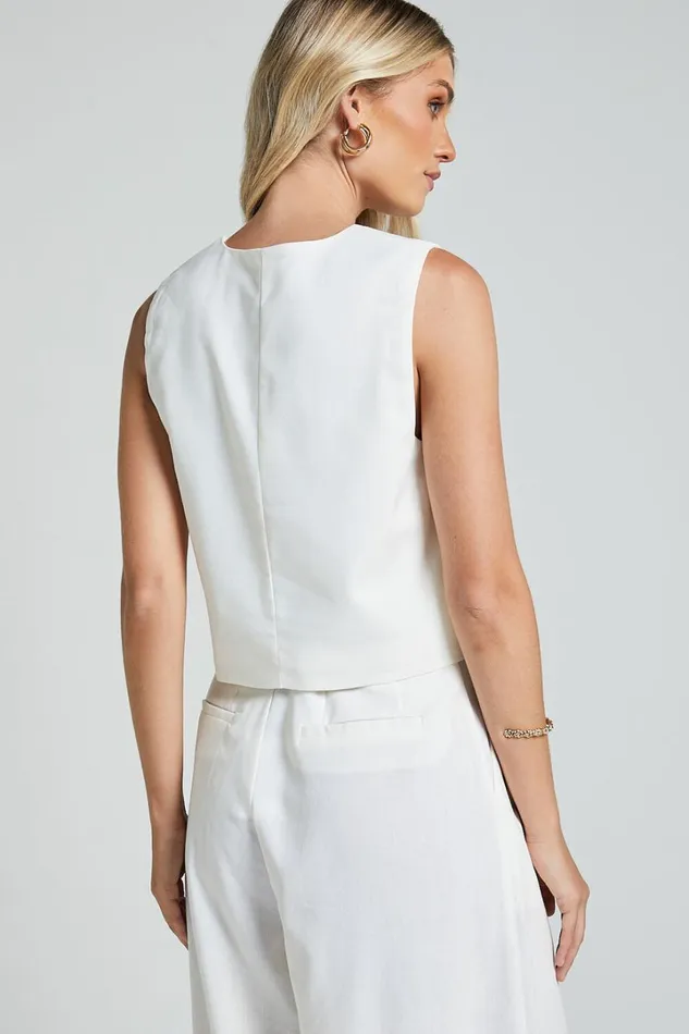Kiraye Top 8211 Linen Look Button Through Vest In Off White Women Showpo Conscious
