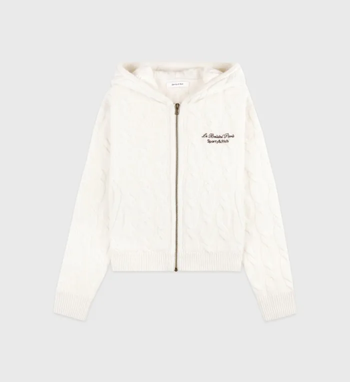 Knitwear Women Sporty and Rich Faubourg Cableknit Wool Cashmere Zip Hoodie 8211 CreamChocolate