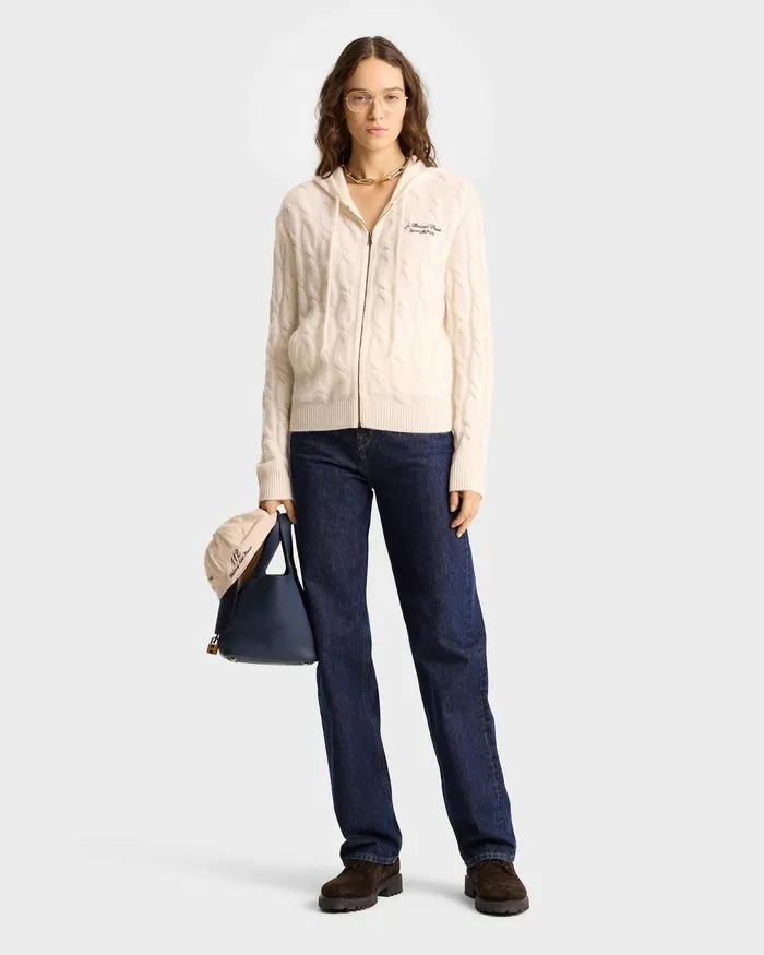 Knitwear Women Sporty and Rich Faubourg Cableknit Wool Cashmere Zip Hoodie 8211 CreamChocolate