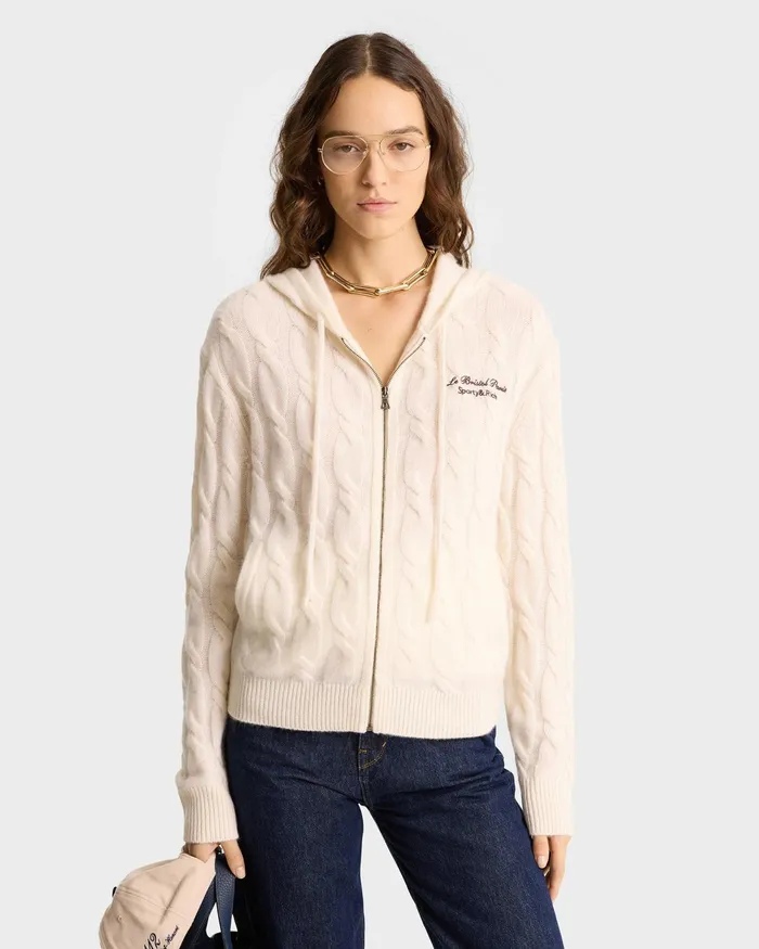 Knitwear Women Sporty and Rich Faubourg Cableknit Wool Cashmere Zip Hoodie 8211 CreamChocolate