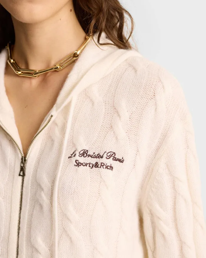 Knitwear Women Sporty and Rich Faubourg Cableknit Wool Cashmere Zip Hoodie 8211 CreamChocolate