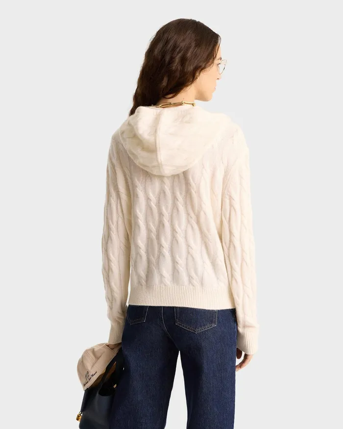 Knitwear Women Sporty and Rich Faubourg Cableknit Wool Cashmere Zip Hoodie 8211 CreamChocolate