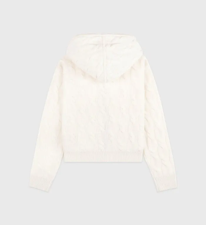 Knitwear Women Sporty and Rich Faubourg Cableknit Wool Cashmere Zip Hoodie 8211 CreamChocolate