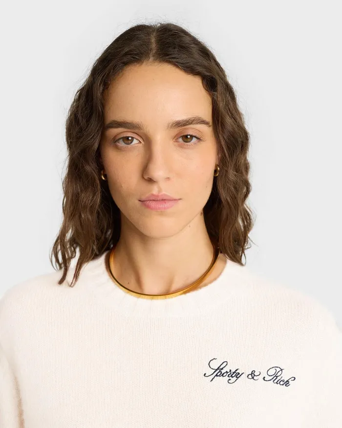 Knitwear Women Sporty and Rich Vendome Script Cashmere Crewneck 8211 CreamNavy