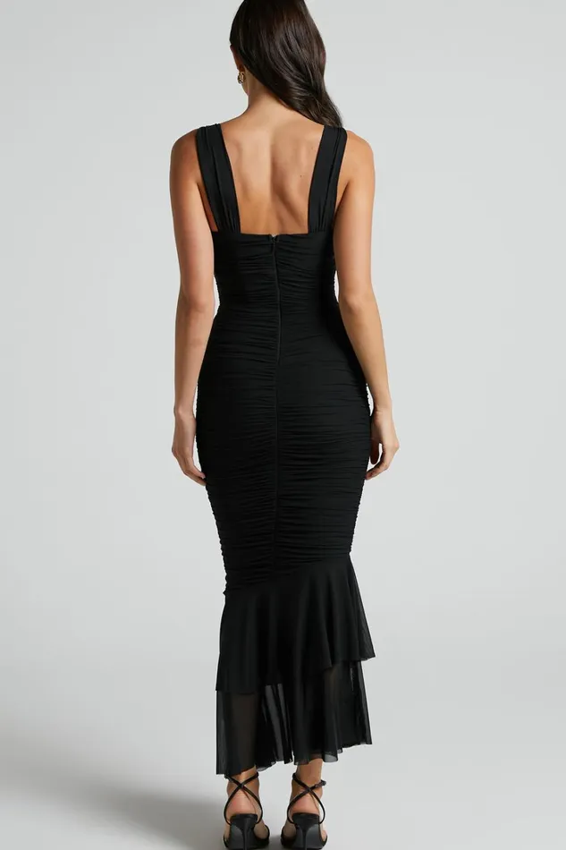 Kody Midi Dress 8211 Bodycon Ruched Mesh Cut Out Dress In Black Women Showpo Dresses