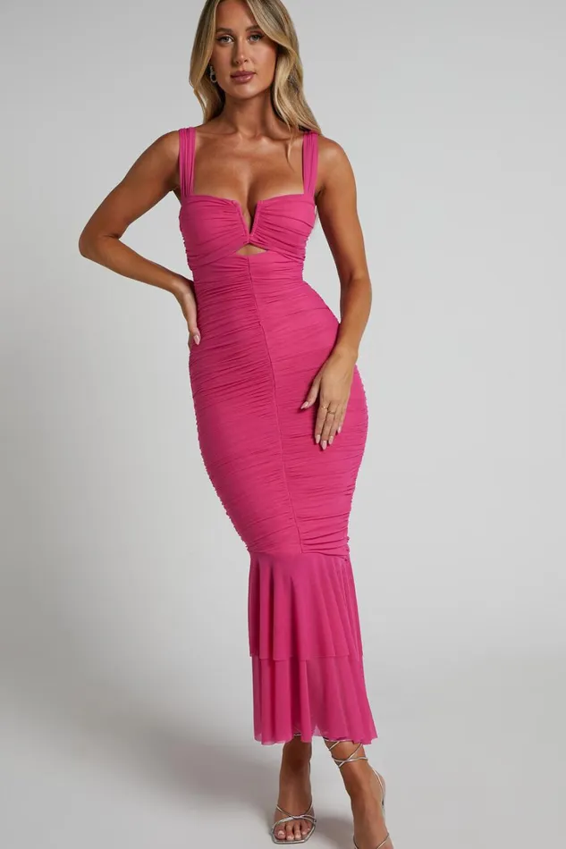 Kody Midi Dress 8211 Bodycon Ruched Mesh Cut Out Dress In Hot Pink Women Showpo Dresses Kody Midi Dress 8211 Bodycon Ruched Mesh Cut Out Dress In Hot Pink Women Showpo Dresses
