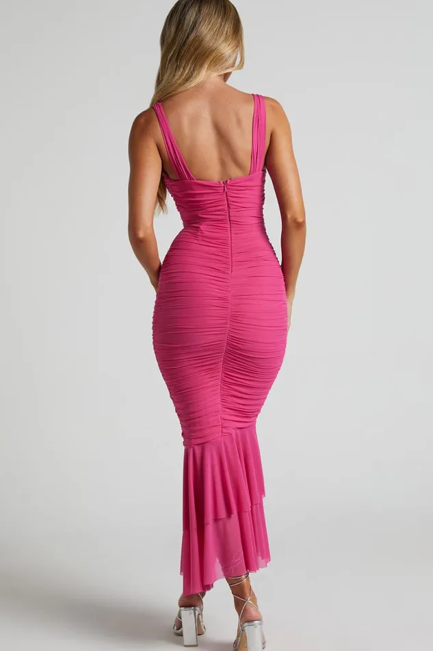 Kody Midi Dress 8211 Bodycon Ruched Mesh Cut Out Dress In Hot Pink Women Showpo Dresses Kody Midi Dress 8211 Bodycon Ruched Mesh Cut Out Dress In Hot Pink Women Showpo Dresses