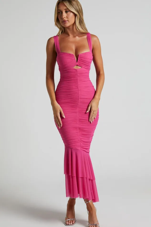 Kody Midi Dress 8211 Bodycon Ruched Mesh Cut Out Dress In Hot Pink Women Showpo Dresses Kody Midi Dress 8211 Bodycon Ruched Mesh Cut Out Dress In Hot Pink Women Showpo Dresses