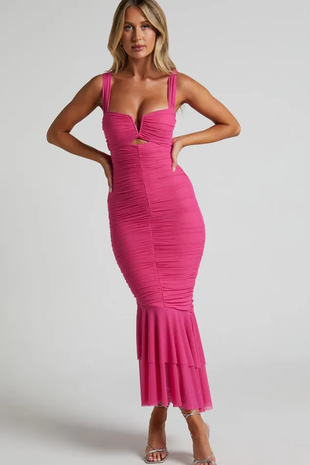 Kody Midi Dress 8211 Bodycon Ruched Mesh Cut Out Dress In Hot Pink Women Showpo Dresses Kody Midi Dress 8211 Bodycon Ruched Mesh Cut Out Dress In Hot Pink Women Showpo Dresses