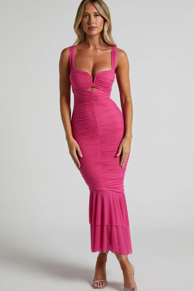 Kody Midi Dress 8211 Bodycon Ruched Mesh Cut Out Dress In Hot Pink Women Showpo Dresses Kody Midi Dress 8211 Bodycon Ruched Mesh Cut Out Dress In Hot Pink Women Showpo Dresses