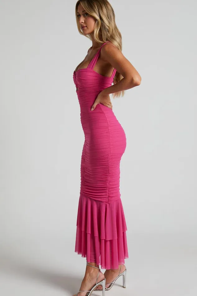 Kody Midi Dress 8211 Bodycon Ruched Mesh Cut Out Dress In Hot Pink Women Showpo Dresses Kody Midi Dress 8211 Bodycon Ruched Mesh Cut Out Dress In Hot Pink Women Showpo Dresses