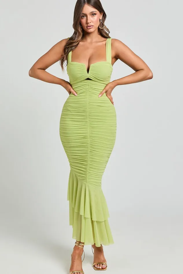 Kody Midi Dress 8211 Bodycon Ruched Mesh Cut Out Dress In Lime Women Showpo Dresses