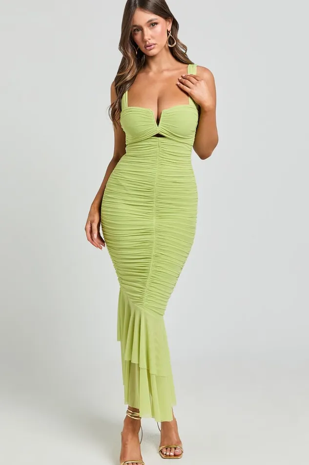 Kody Midi Dress 8211 Bodycon Ruched Mesh Cut Out Dress In Lime Women Showpo Dresses