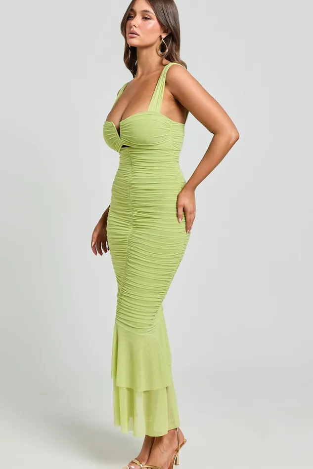 Kody Midi Dress 8211 Bodycon Ruched Mesh Cut Out Dress In Lime Women Showpo Dresses