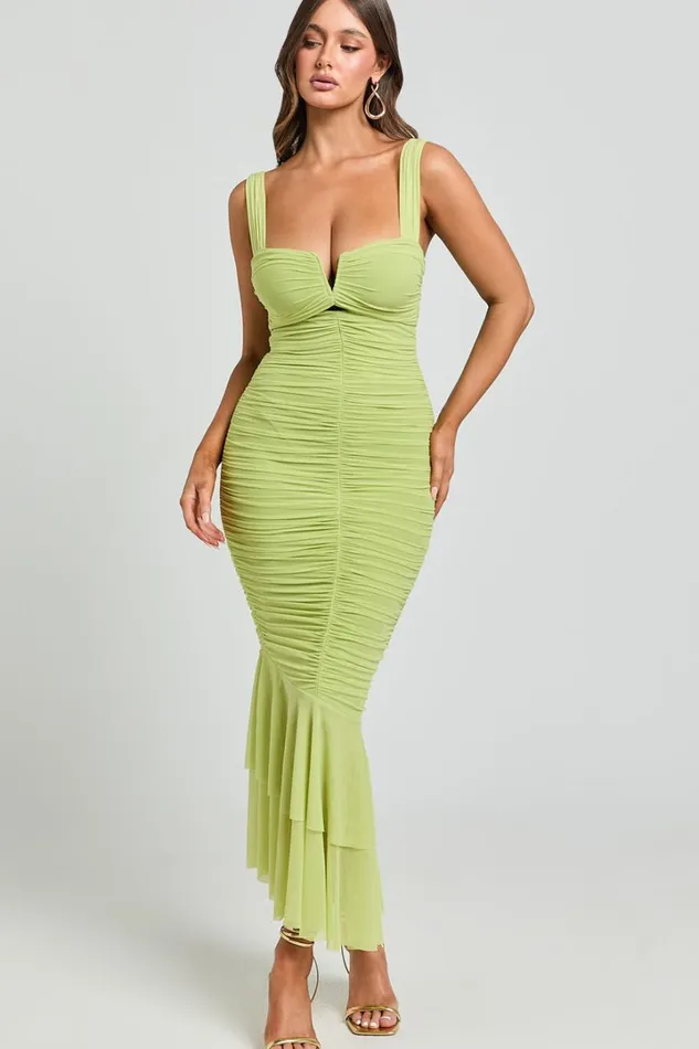 Kody Midi Dress 8211 Bodycon Ruched Mesh Cut Out Dress In Lime Women Showpo Dresses