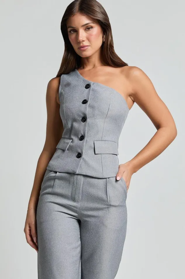 Kourtney Vest 8211 One Shoulder Button Up Waistcoat In Grey Women Showpo Tops