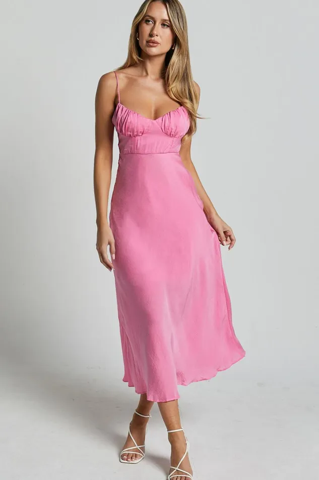 Krysta Midi Dress 8211 Sweetheart Ruched Bust Slip Dress In Pink Women Showpo Dresses