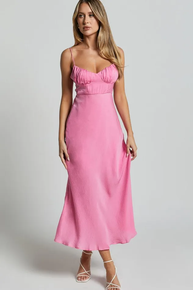 Krysta Midi Dress 8211 Sweetheart Ruched Bust Slip Dress In Pink Women Showpo Dresses