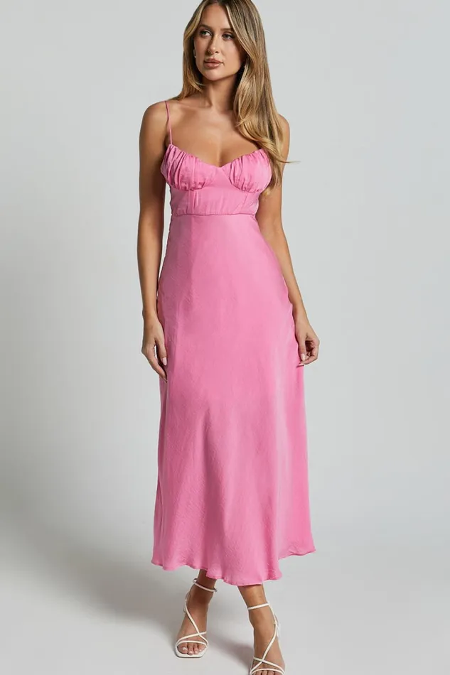 Krysta Midi Dress 8211 Sweetheart Ruched Bust Slip Dress In Pink Women Showpo Dresses
