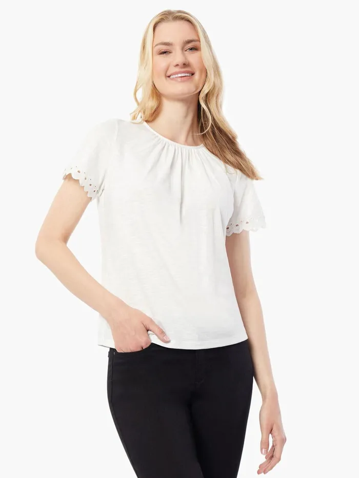 Lace Trim Short Sleeve Slub Knit Top Women Jones New York Tops and Blouses