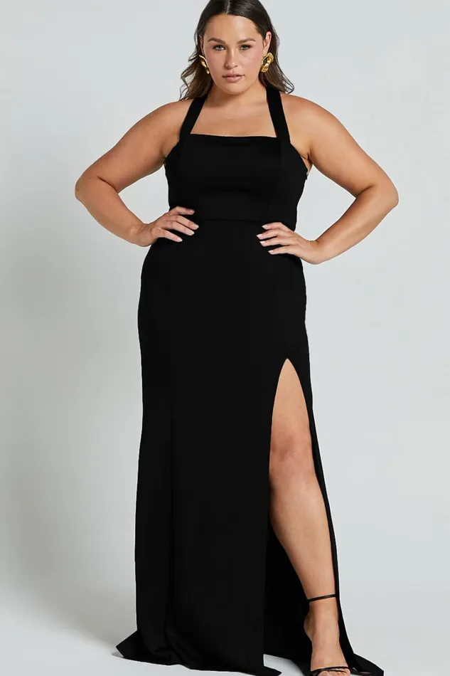 Lainie Maxi Dress 8211 Straight Neck Thigh Split Cross Back In Black Women Showpo Curve Clothes