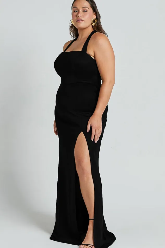 Lainie Maxi Dress 8211 Straight Neck Thigh Split Cross Back In Black Women Showpo Curve Clothes