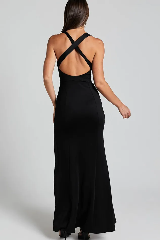 Lainie Maxi Dress 8211 Straight Neck Thigh Split Cross Back In Black Women Showpo Curve Clothes